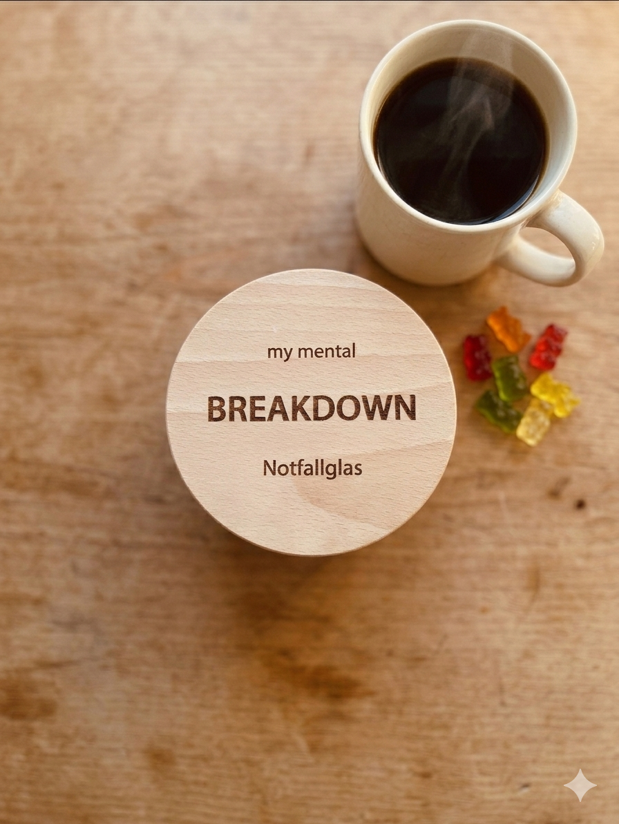 Nahaufnahme des gravierten Buchenholzdeckels mit Schriftzug My Mental Breakdown Notfallglas