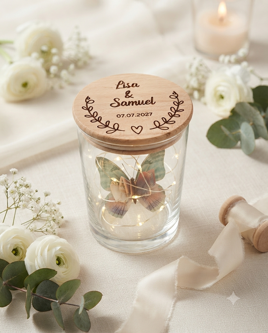 Personalisiertes Hochzeitsglas mit Namen des Brautpaares, Hochzeitsdatum, Herz und Blumenranke