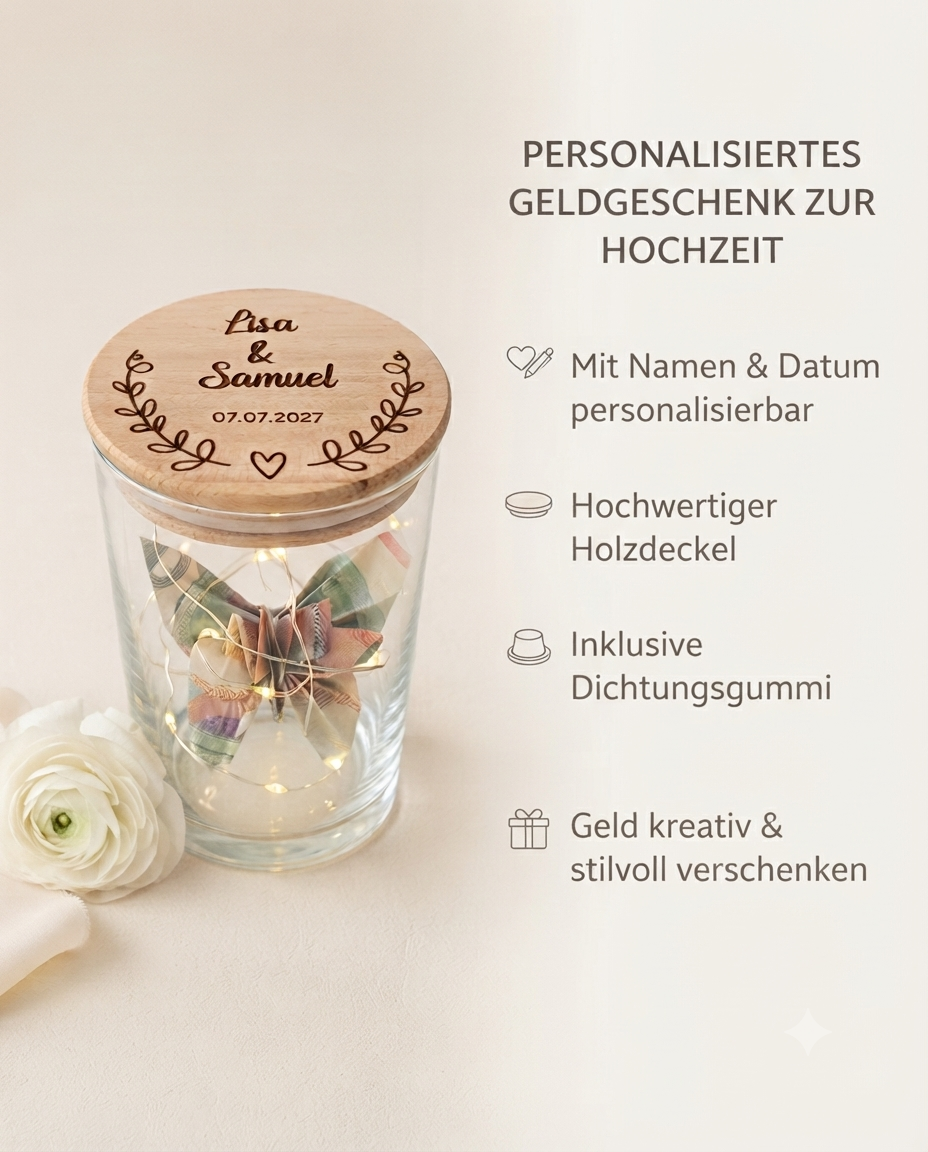Vorratsglas zur Hochzeit mit graviertem Buchenholzdeckel und individueller Personalisierung