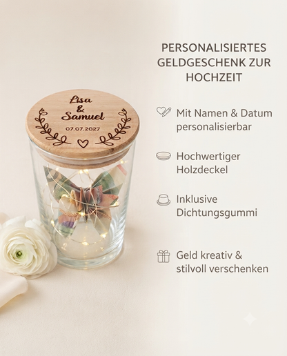 Vorratsglas zur Hochzeit mit graviertem Buchenholzdeckel und individueller Personalisierung
