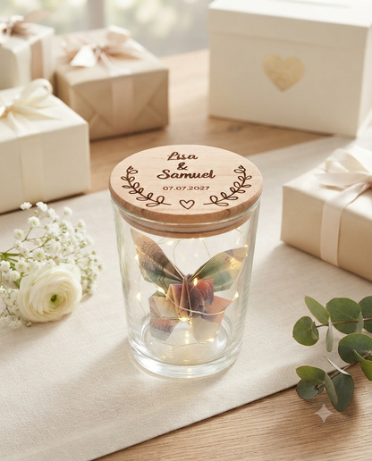 Personalisiertes Hochzeitsglas als Geldgeschenk mit gefalteten Geldscheinen