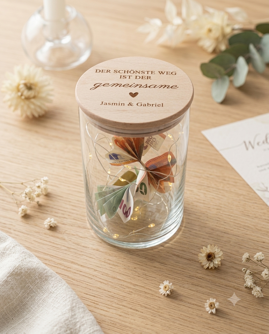 Geldgeschenk zur Hochzeit personalisiert – Vorratsglas mit Namen für das Brautpaar