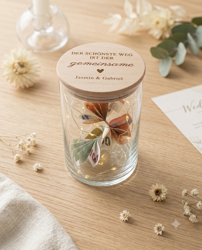 Geldgeschenk zur Hochzeit personalisiert – Vorratsglas mit Namen für das Brautpaar