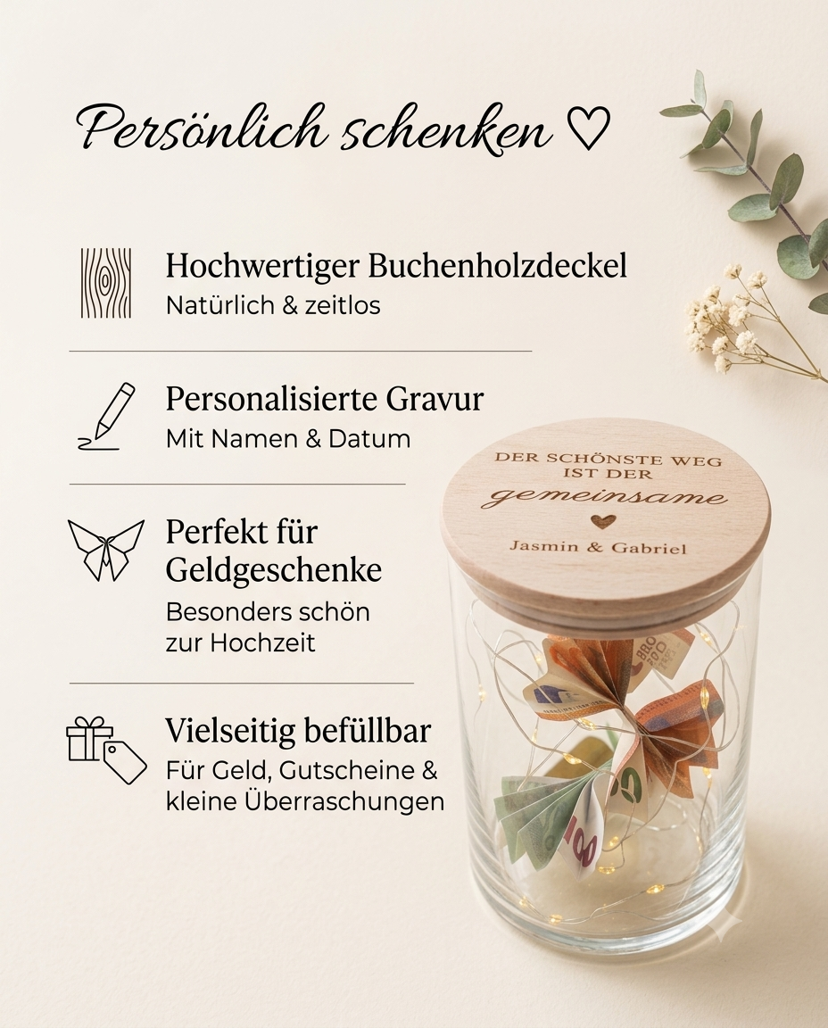 Geldgeschenk zur Hochzeit personalisiert – Vorratsglas mit Namen für das Brautpaar
