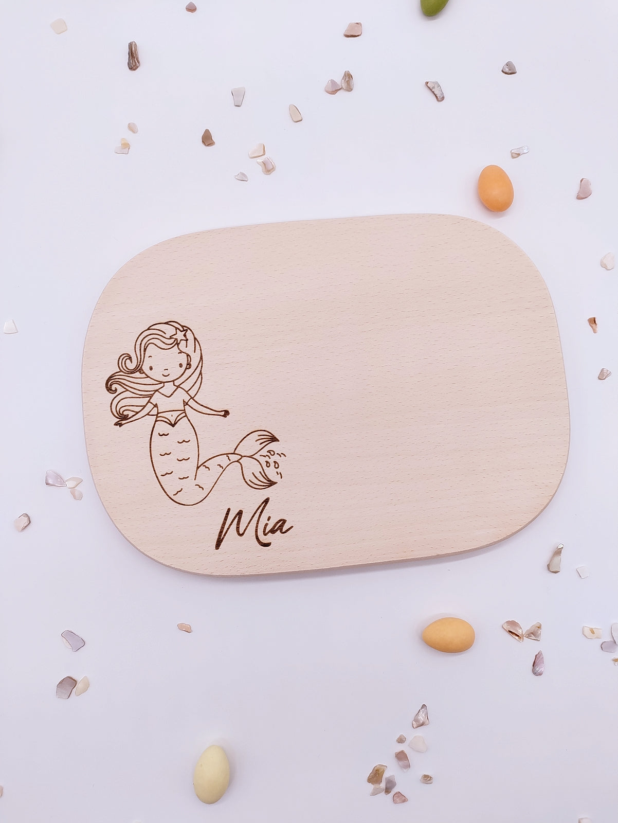 Personalisiertes Vesperbrett aus Ahornholz mit Gravur Meerjungfrau und Name – Frühstücksbrett Kinder Geschenk