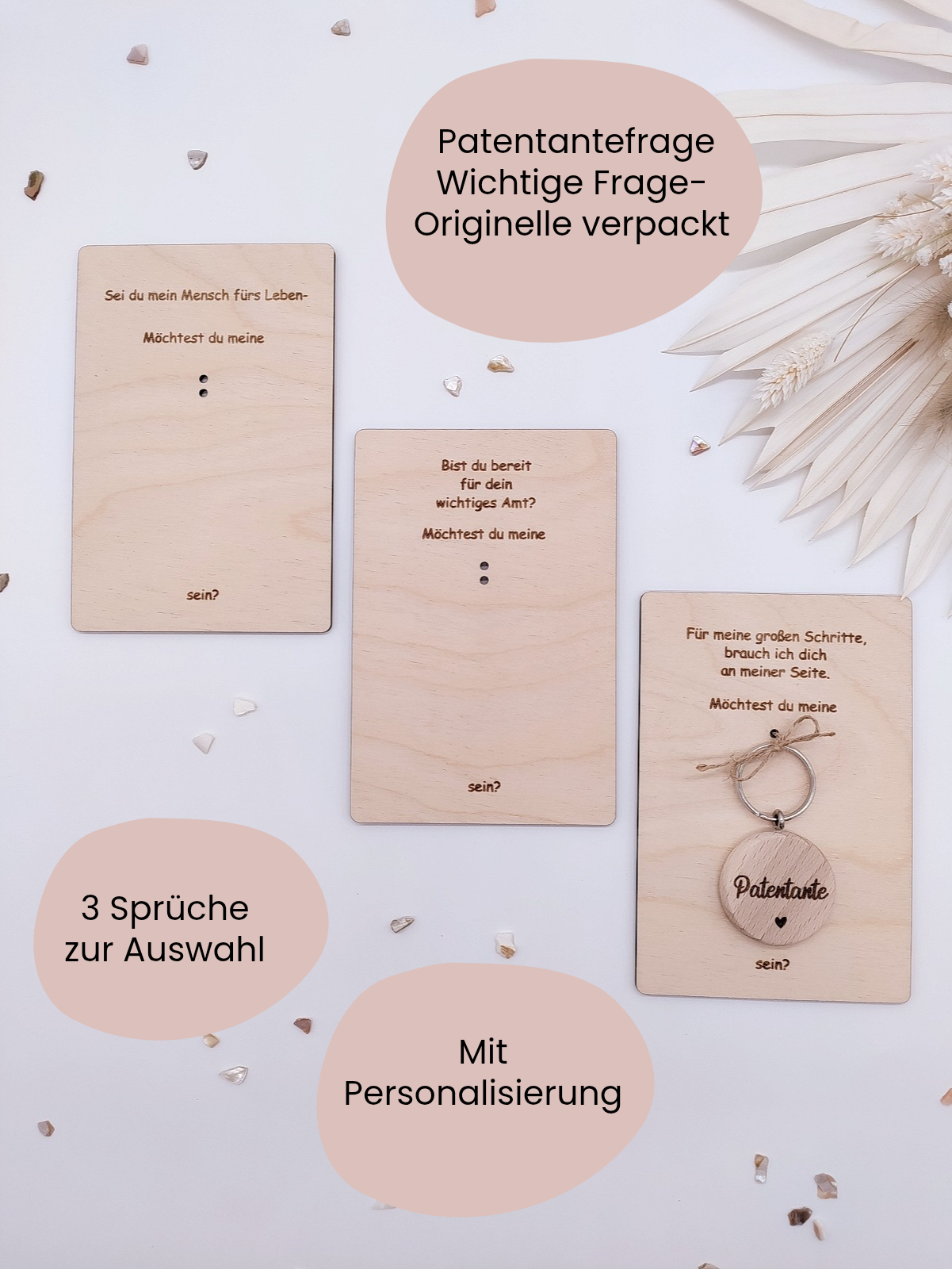 „Willst du meine Patentante werden?“ Geschenk – Holzkarte mit Gravur und individueller Namensgravur auf Schlüsselanhänger, perfekt zur Taufe oder Geburt.