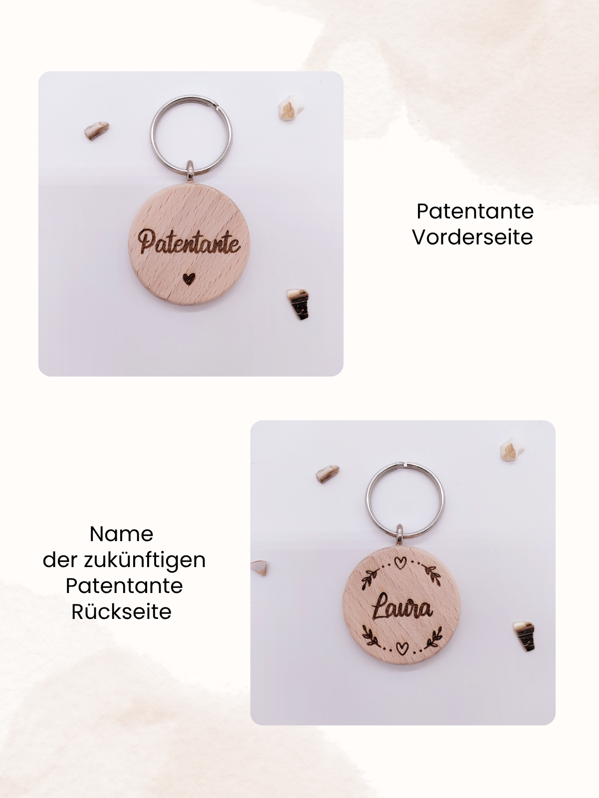 „Willst du meine Patentante werden?“ Geschenk – Holzkarte mit Gravur und individueller Namensgravur auf Schlüsselanhänger, perfekt zur Taufe oder Geburt.