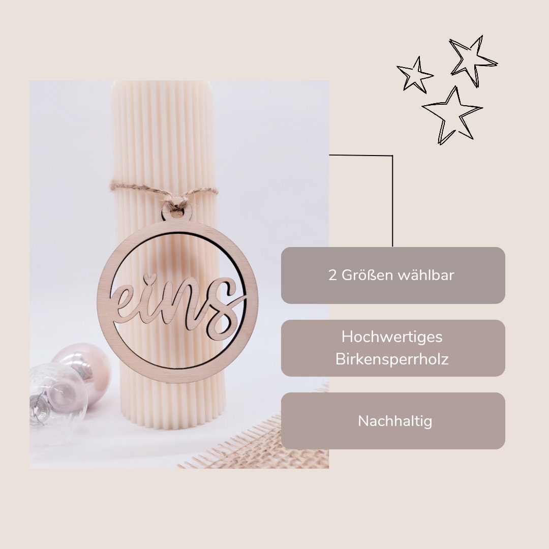 Gelaserte Adventskranz-Zahlen aus Holz 1 bis 4, moderne und schlichte Weihnachtsdeko für Adventskranz oder Kerzenhalter, nachhaltig gefertigt